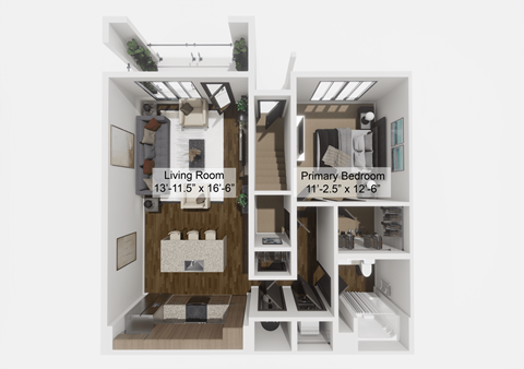 Floor plan for 1 bed, 1 bath, 786 sqft